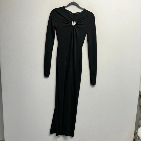 Zara Cut Out Black Open Back Keyhole Dress Maxi Slit S Long Sleeve - Picture 8 of 14